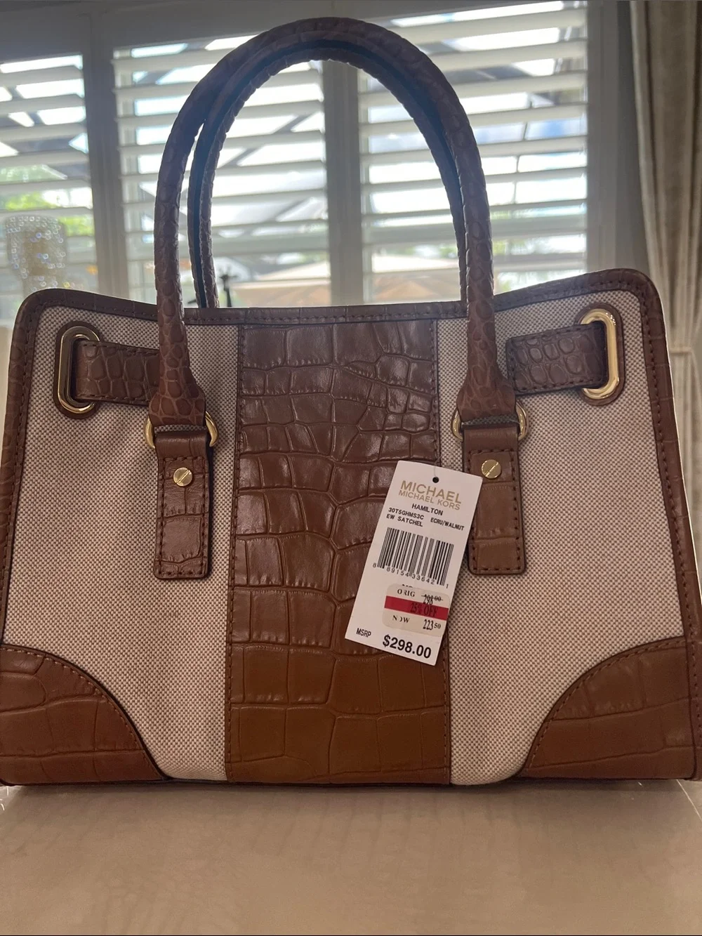 Michael Kors Brown and Cream Croc-Trim Satchel with Gold Hardware